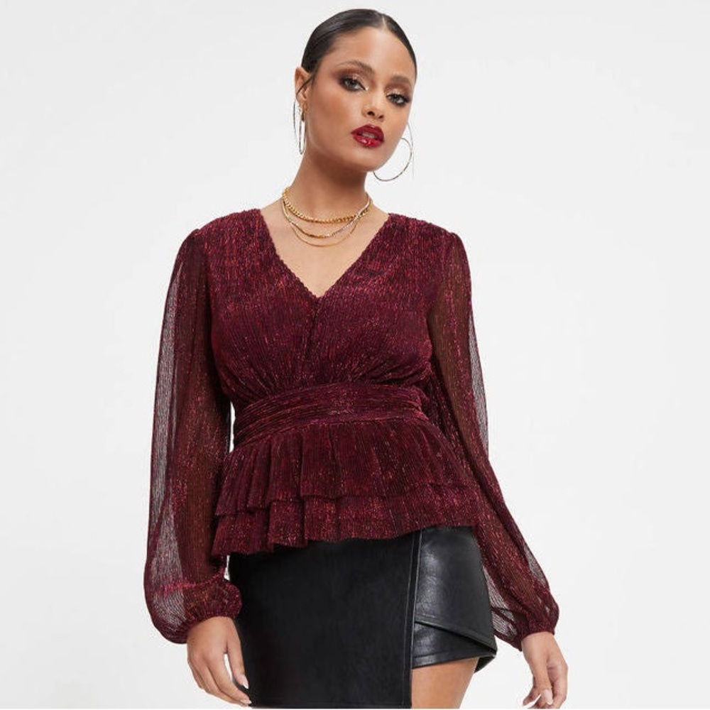 Vici Burgundy Metallic Long Sleeve Peplum Blouse